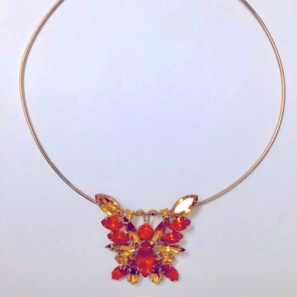 (Rare) JULIANA Pendant Verified Vintage Orange Yellow Rhinestone Butterfly